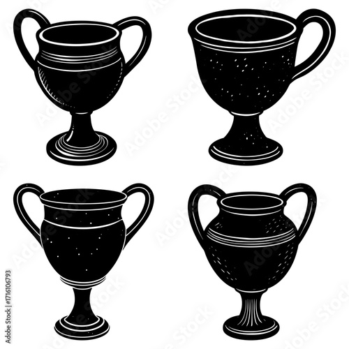 Illustration of four black and white antique style vases with handles on a white background design art