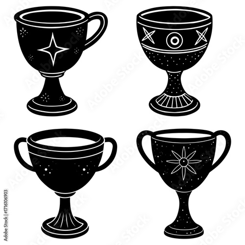 Illustration of four decorated black chalices with ornate designs and different handle styles arranged nicely