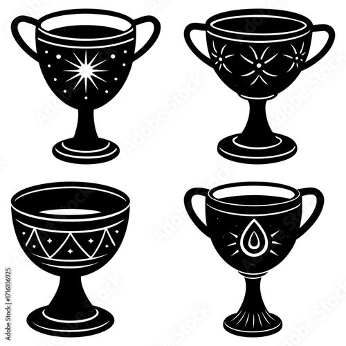 Collection of four ornate black and white goblets with different decorative patterns and unique shapes