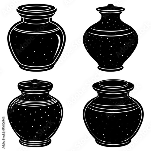 Four black and white vases with different shapes and designs arranged in a square pattern style design