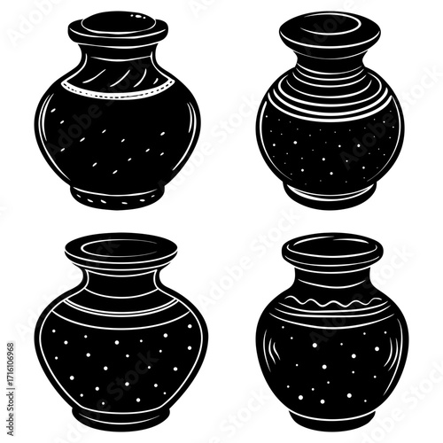 Four black and white vases with different patterns and shapes in a simple vector illustration style