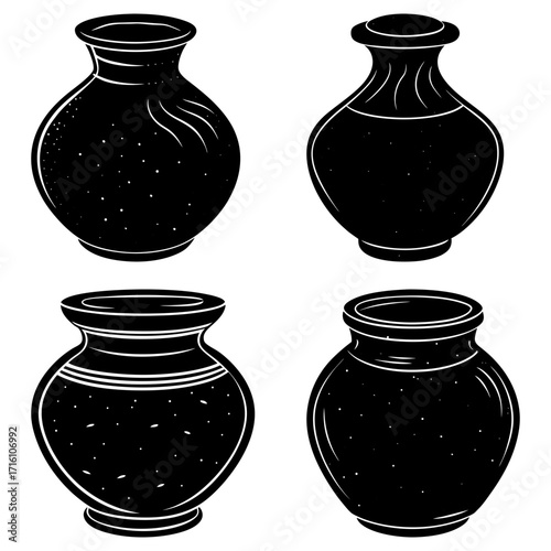 Four black and white decorative vases with unique shapes and designs displayed in a square format illustration