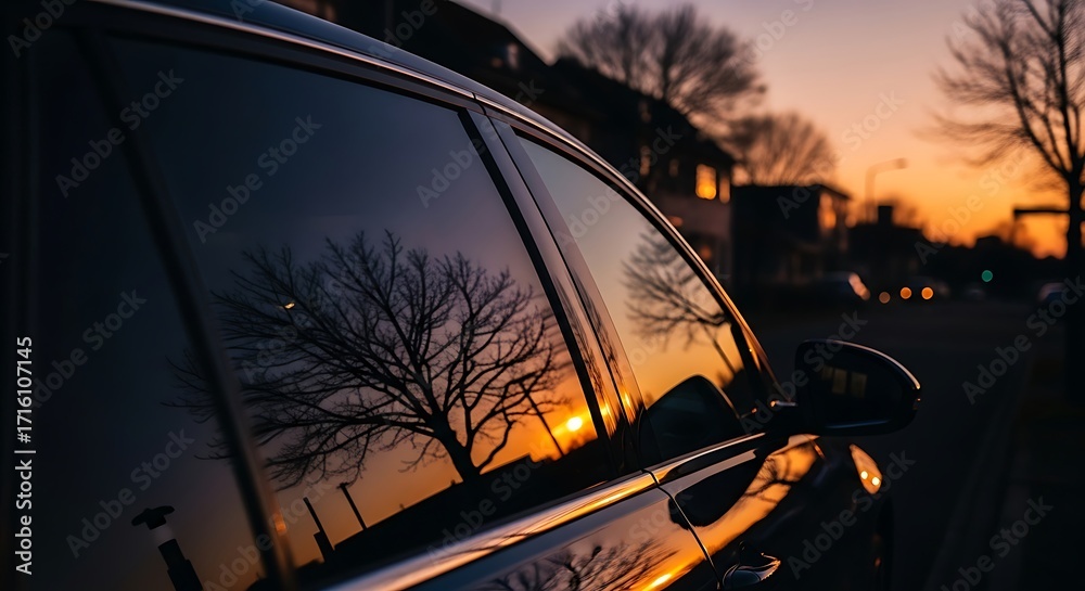 Obraz premium Vibrant Golden Hour Sunset Reflected in Dark Car Window, Silhouetting a Bare Tree Against an Urban Dusk Sky