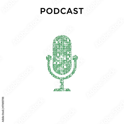 Digital microphone icon made of binary code representing a podcast theme on a clean background