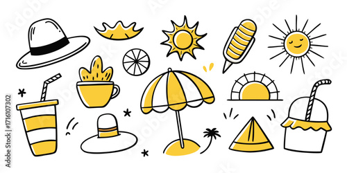 Summer beach vibes collection hand drawn elements featuring sun hat drinks ice cream and sun
