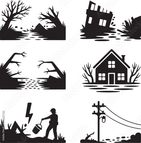 Disaster icons depict destruction, danger, and rescue efforts.