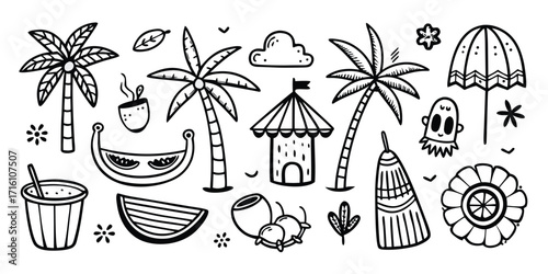 Hand-drawn summer tropical beach elements collection palm trees hut umbrella coconut drink