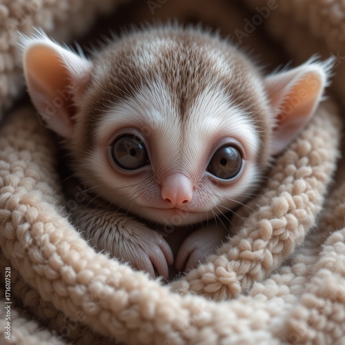 Adorable tiny creature peeking from a soft, warm blanket, radiating pure innocence