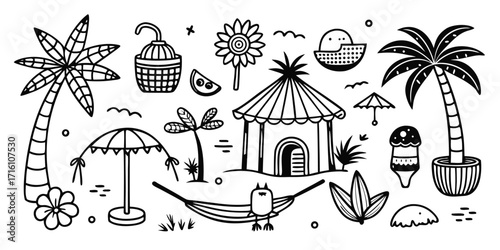 Charming hand-drawn summer beach scene with palm trees hut hammock and tropical elements