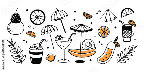 Tropical summer vibes collection of refreshing drinks and beach elements doodle art
