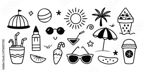 Whimsical hand drawn summer icons for beach fun and sunny day adventures