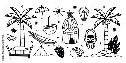 Tropical summer beach icons palm trees hut coconut drink umbrella and kayak sketch style