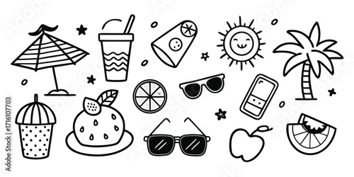 Whimsical hand-drawn summer icons featuring beach umbrella drinks sun palm tree sunglasses apple