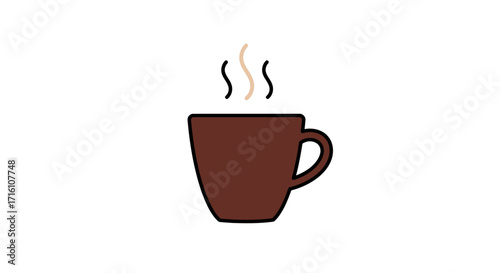 Brown coffee cup with steam rising from hot beverage.