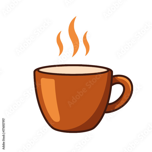 A simple, stylized illustration of a steaming brown coffee cup filled with a light-colored beverage.