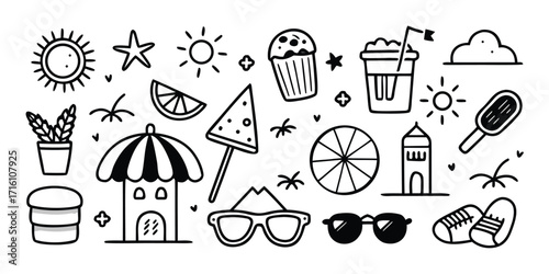 Whimsical summer beach doodle set sunshine ice cream sun hat sunglasses fun