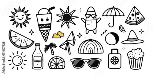 Cute hand drawn summer icons including sun ice cream beach ball and sunglasses