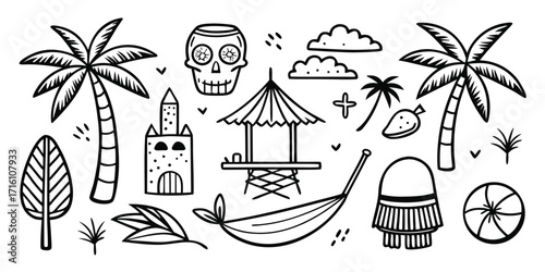 Whimsical summer beach elements palm trees skull hut hammock and tropical scene collection