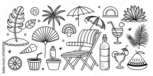 Summer beach party elements tropical plants drinks chair umbrella bottle and sun-kissed fun