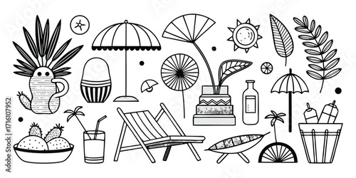 Hand drawn tropical summer beach elements featuring umbrellas lounge chair drinks and plants
