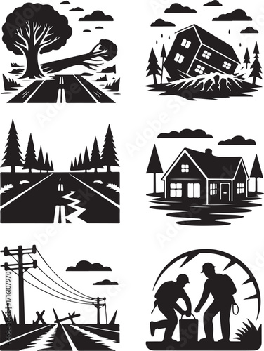 Disaster icons show natural catastrophe and rescue scenes