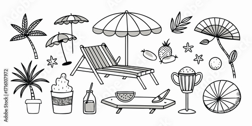 Summer beach vacation elements collection palm trees umbrella beach chair tropical fun