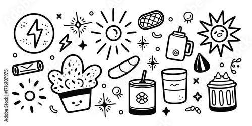 Whimsical hand-drawn summer icons featuring sun cactus lightning bolt and drinks