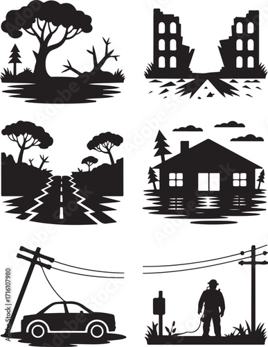 Disaster scenes show nature, city, and utility impacts