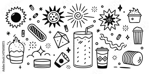 Hand-drawn summer doodles featuring suns drinks and party elements for creative design