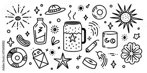Hand drawn summer beach elements collection fun icons sun hat drink ice cream starfish and more