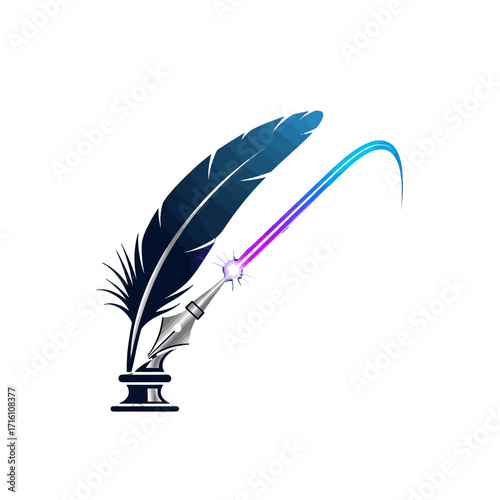 Elegant quill pen with a vibrant feather emitting colorful light, symbolizing creativity and writing