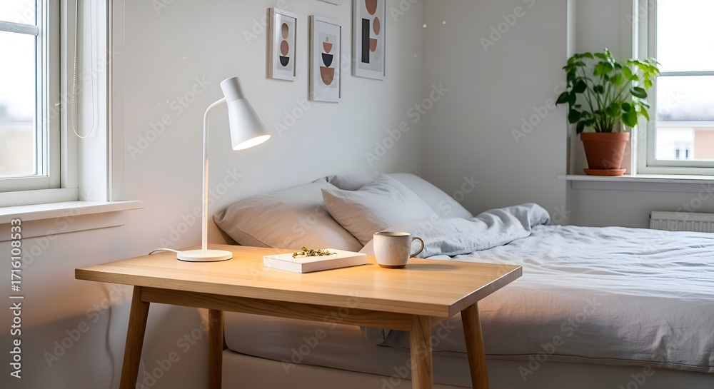 Fototapeta premium A Scandinavian table with a white lamp, placed neatly in a bedroom