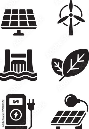 Clean energy icons solar wind hydro electric power leaf