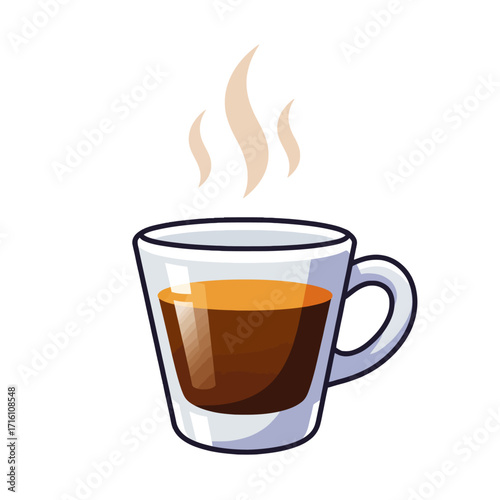 A steaming cup of rich, dark espresso coffee in a clear glass mug with a handle.