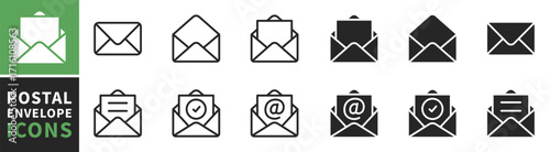 Set of mail envelope icon. Closed envelope, opened letter, with checkmark and email. E-mail icon, sign of an incoming unopened message. Folded and unfolded envelope mockup. Vector illustration