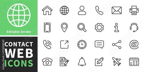 Web icon set. Collection of contact and website icons. Home, location, call, at, email, address, globe, chat, message, mail, telephone, information, support, search. Editable stroke. Contact us icons