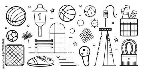 Summer fun collection featuring sports balls grill and backyard accessories sketch