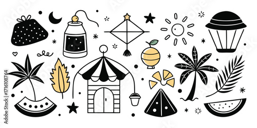 Whimsical summer beach party elements hand-drawn style with tropical fruits and festive decorations