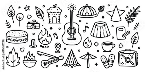 Doodle style summer camp icons featuring guitar campfire tent food camera and outdoor gear