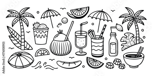 Tropical summer beach party fun elements collection palm trees drinks and more