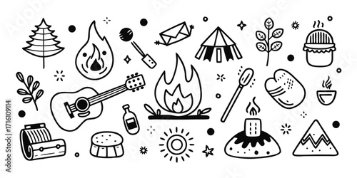 Doodle collection of summer camp activities fire guitar nature and adventure elements