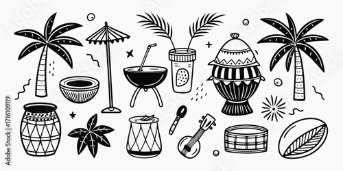 Tropical summer beach vibes doodle art set palm trees umbrella coconut grill ukulele