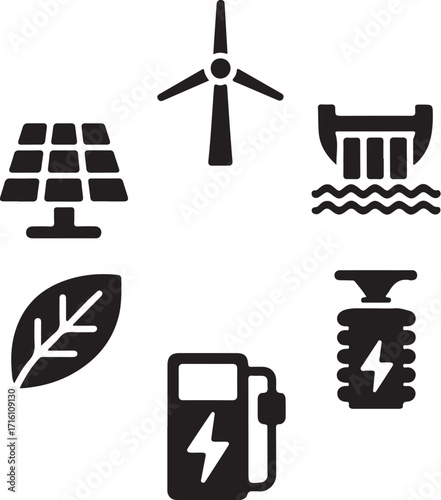 Sustainable energy icons: wind, solar, hydro, battery, leaf