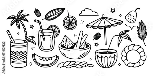 Whimsical hand drawn summer beach vacation elements tropical drinks and palm trees