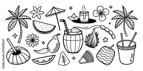Summer beach tropical elements collection tropical drinks palm trees fruit flowers and umbrellas sketch