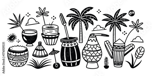 Tropical beach summer vibes collection of festive drinkware and palm trees for fun