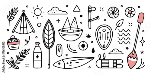 Summer beach camping adventure icons tent boat kayak paddle fish leaves clouds and sun fun