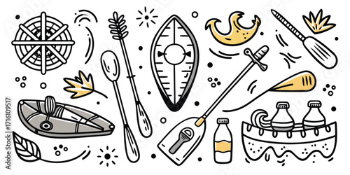 Hand-drawn nautical and adventure elements including a compass boat paddle and sword