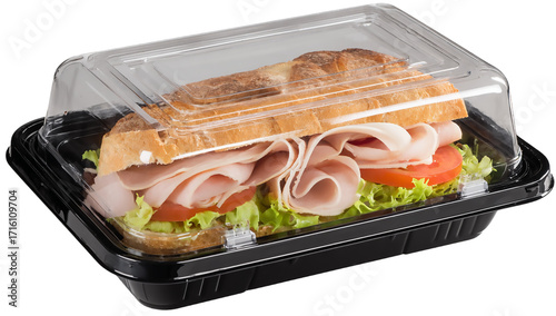 A sandwich with ham and vegetables in a plastic container on white isolated on transparent background