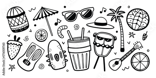 Summer beach party doodle collection music drinks sunshine fun and tropical vibes